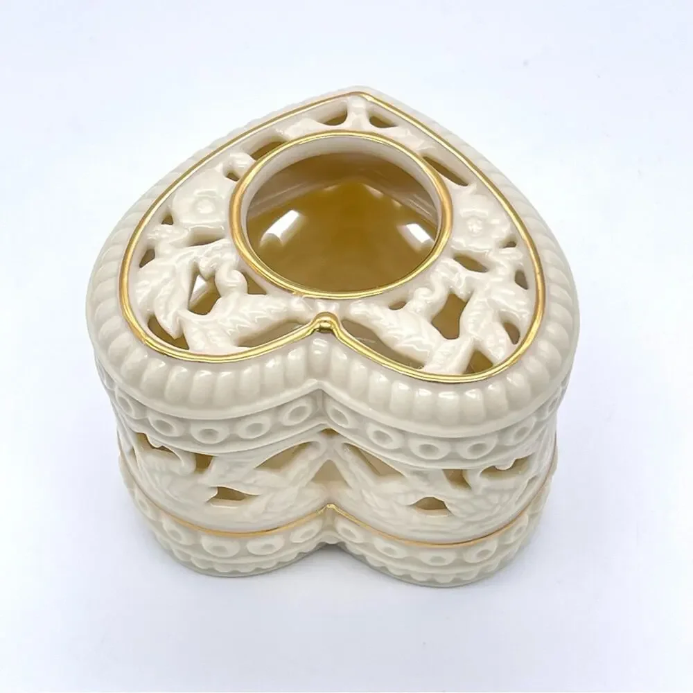 Vintage PartyLite 2002 Heart-Shaped Ivory w/ Gold Trim Tealight Candle Holder - Picture 2 of 7